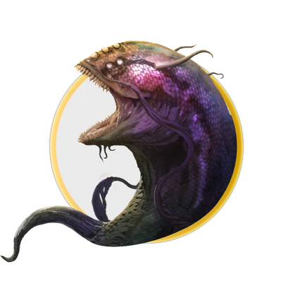 A circular token which depicts a purple-skinned eldritch abomination which has a large mouth with many teeth, scaly flesh, and multiple tentacles. 