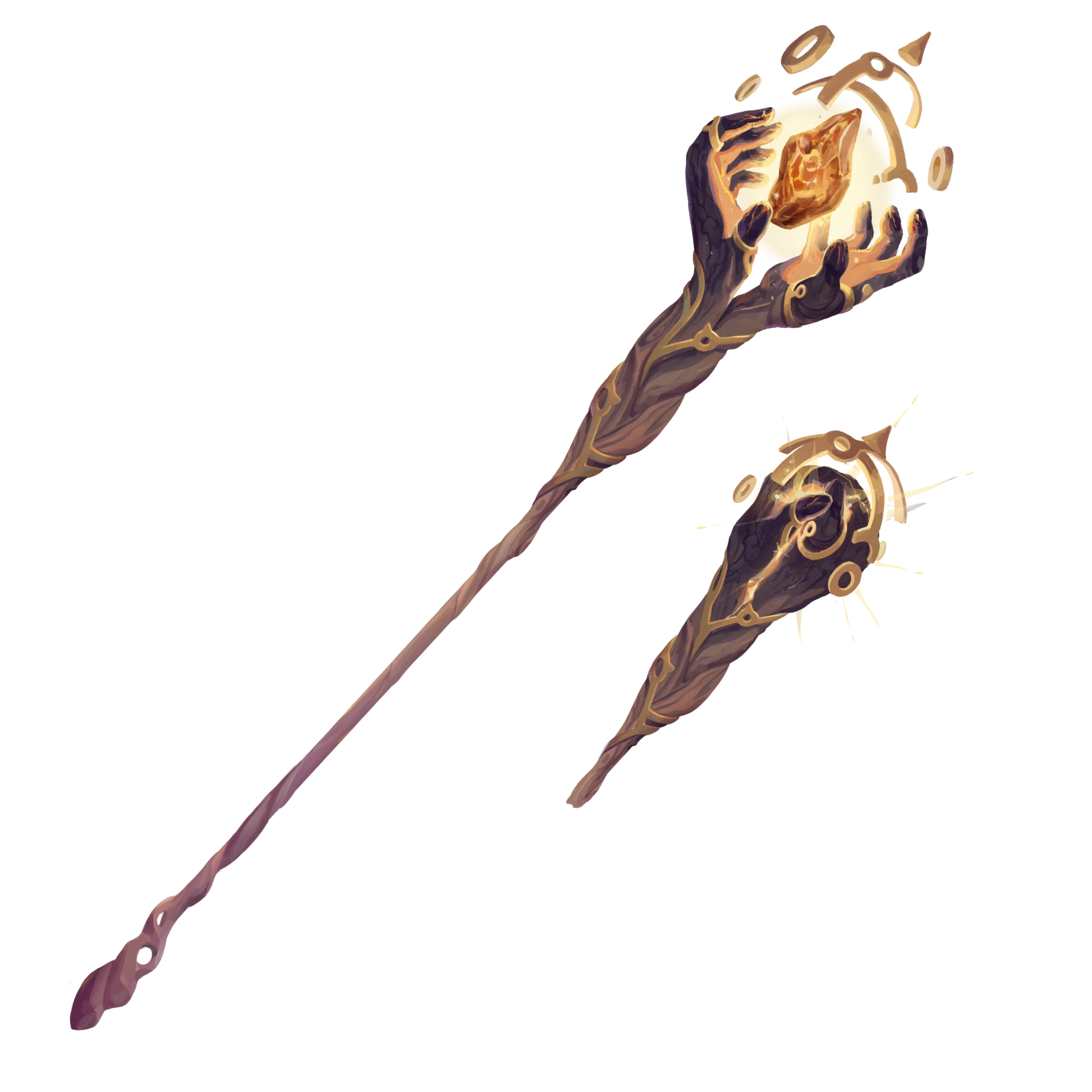 The Emberheart staff, a wooden staff which ends in a pair of carved hands which can open around a glowing orange gemstone which seems to float away from the end of the staff. 