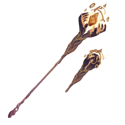 The Emberheart staff, a wooden staff which ends in a pair of carved hands which can open around a glowing orange gemstone which seems to float away from the end of the staff. 