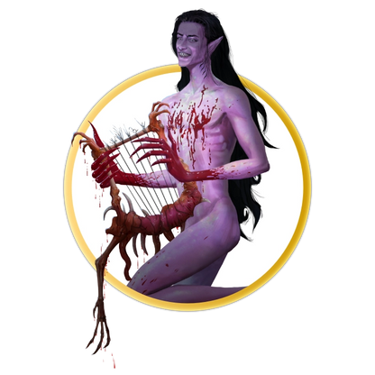 A circular token depicting A lithe, purple-skinned male fey with long black hair, pointed ears, and webbed feet. He stands naked, covered in blood, and plays a small harp made of human bones with long, sharp, fingers. 
