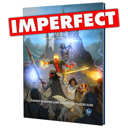 The front cover of the SIDEQUEST Year 2 annual which depicts 4 adventurers fighting a horde of undead in front of a castle in the background. A red banner with text reading "Imperfect" is laid on top of the image. 