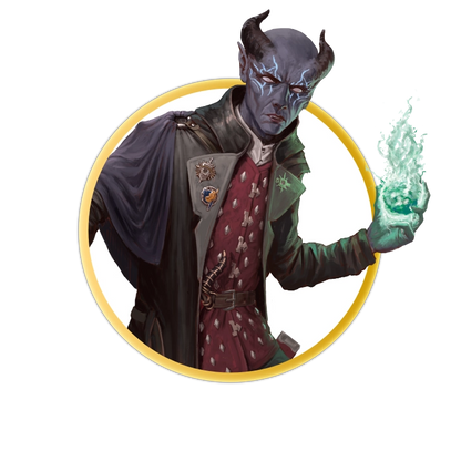 A circular token which depicts A purple-skinned tiefling holding their glowing red vorpal sword at the ready in one hand, conjuring a ball of green fire in the other hand. Around their eyes they have magical tattoos which seem to glow and they are wearing a long black imperial jacket adorned with campaign medals.
