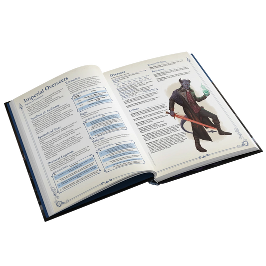A mockup showing an interior spread of the SIDEQUEST annual. This spread depicts the Imperial Overseers and features text on both pages and an illustration of a purple-skinned tiefling on the right page. 