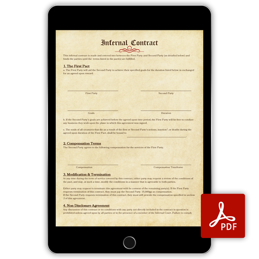 A computer tablet showing page from the Infernal Contract document. In front of this is the PDF logo. 