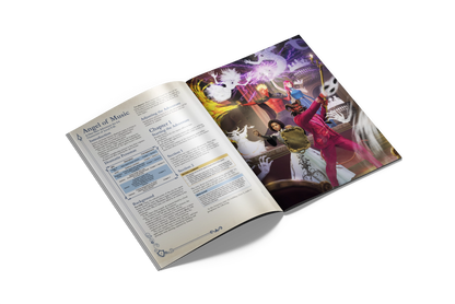 A mockup of an interior spread of the book, showing the Angel of Music adventure, with the text of the adventure on the left page, and artwork which depicts four adventurers battling ghosts in an opera house on the right page. 
