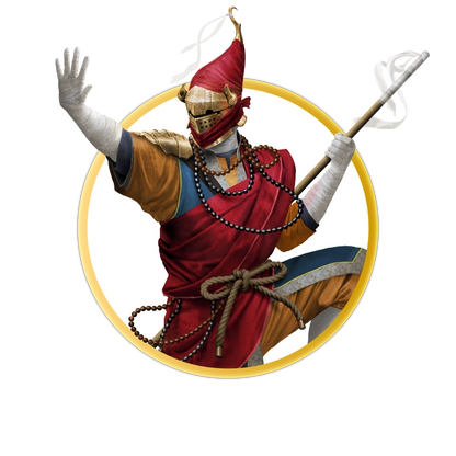 A circular token which depicts A monk dressed in orange, red, and blue robes stands in a martial arts pose, holding a staff out behind them. Their entire body is covered, showing no skin. They are wearing a tall metal helmet with tassels tied to the top which sway with their movement. 
