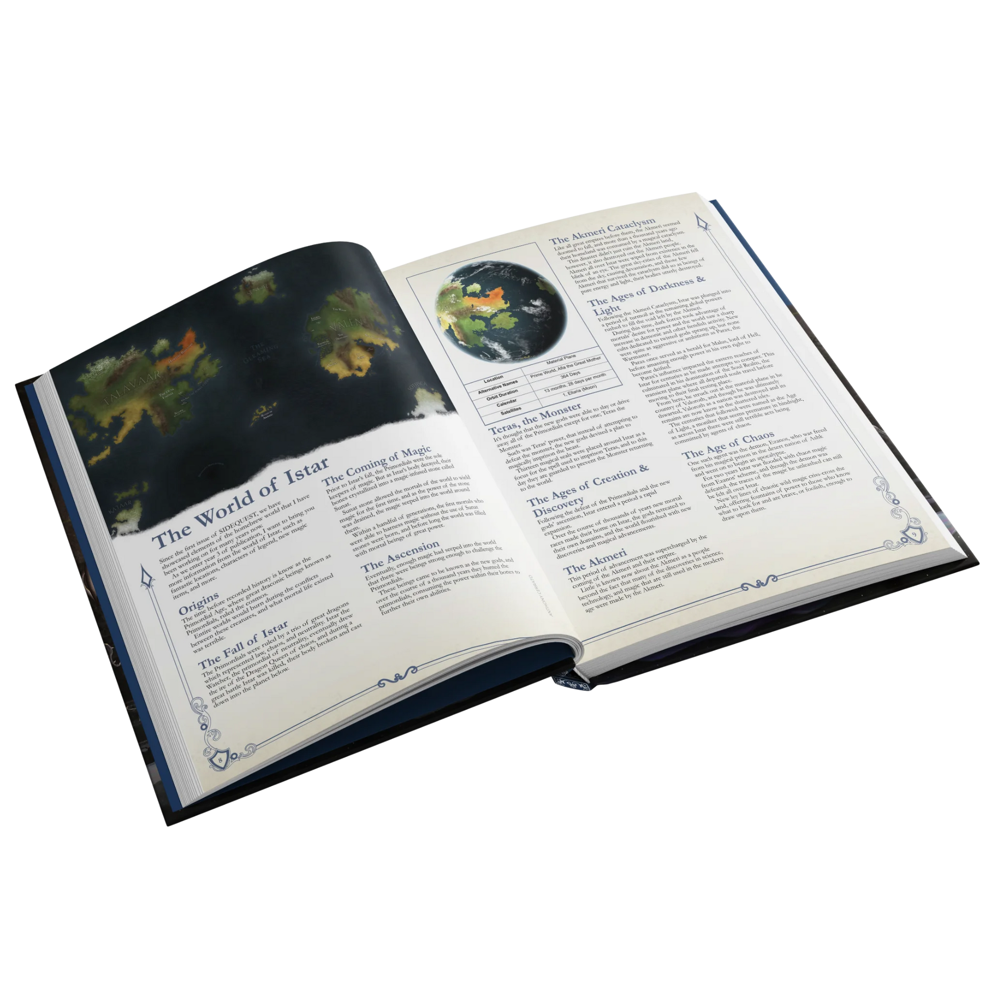 A mockup showing an interior spread of the SIDEQUEST annual. This spread depicts an article dedicated to the World of Istar and features text on both pages as well as a globe view of the world and a top-down map. 
