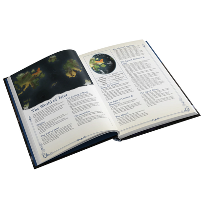 A mockup showing an interior spread of the SIDEQUEST annual. This spread depicts an article dedicated to the World of Istar and features text on both pages as well as a globe view of the world and a top-down map. 