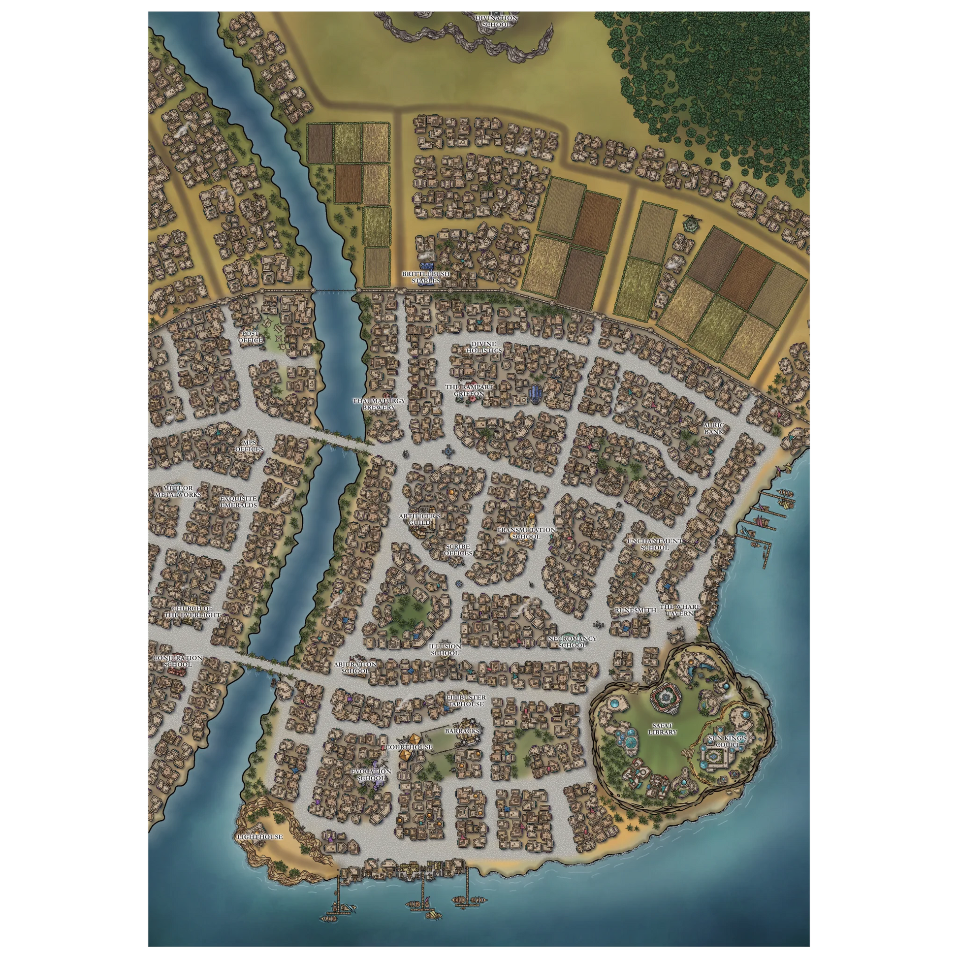 An illustration of the map of the city of Kadim, showing the major locations of the city. 