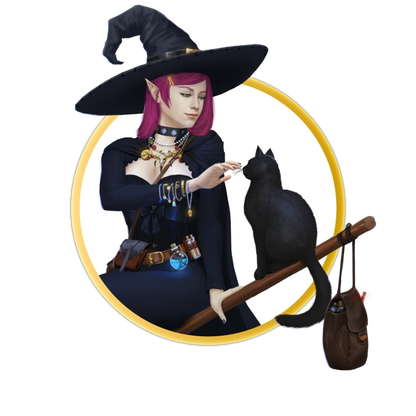 A circular token which depicts A purple-haired witch sits on her broomstick petting her black cat familiar. She wears a black dress and cape and a pointed black witches hat. 
