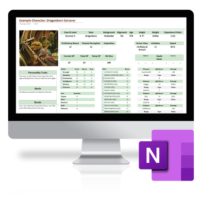 A render of a computer screen showing the OneNote GM Bible in use, with the OneNote logo in the bottom right of the image. 