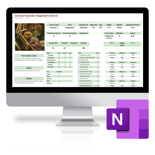 A render of a computer screen showing the OneNote GM Bible in use, with the OneNote logo in the bottom right of the image. 