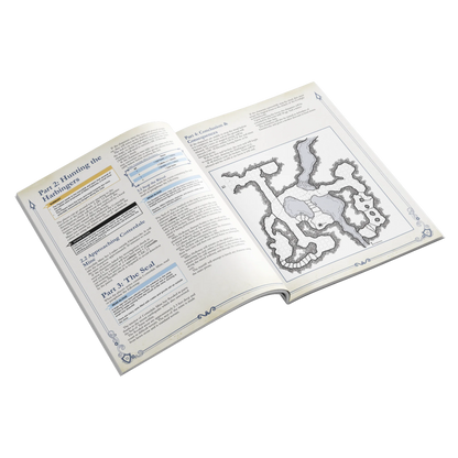 The Night of Adventure book laying flat open showing a two-page spread of the "First Seal" adventure, complete with a map. 