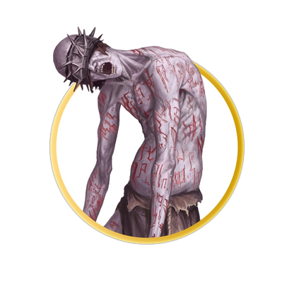 A circular token which depicts the Nullkin. The nullkin drags an infected, painful looking leg behind it as it stalks the halls of the Infernal Court. Their entire pale body is covered in runes that are carved into their flesh, and they wear a spiked iron blindfold over their eyes. 
