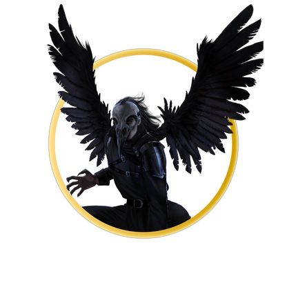A circular token which depcits the raven of ket. A raven of ket sits on top of a rooftop, their back against the full moon. The raven wears simple black clothing and has large black raven wings. On their face they wear a bird-like skull. Their hands and feet appear to be taloned like a bird. 
