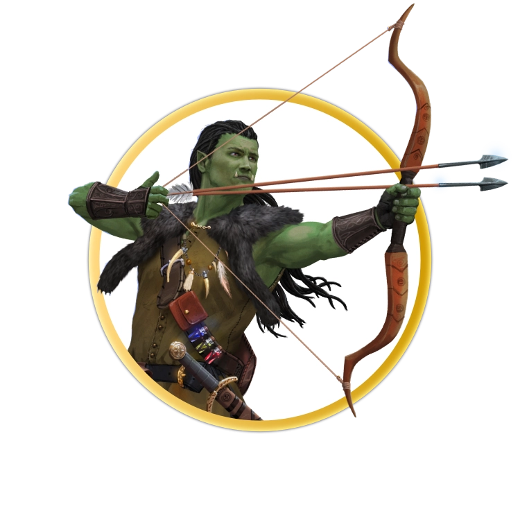 A circular token which depicts An orc dressed in leathers and furs, wearing a bandolier of potion bottles and drawing back two arrows in his bow. 
