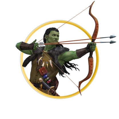 A circular token which depicts An orc dressed in leathers and furs, wearing a bandolier of potion bottles and drawing back two arrows in his bow. 
