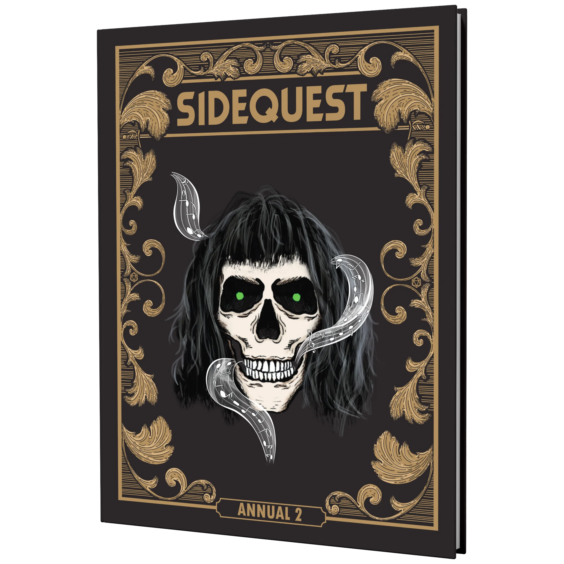 The front cover of the SIDEQUEST Year 2 special edition annual which has a gilded gold border design and an illustration of a skull with long black hair and glowing green eyes surrounded by magical music in the center. 