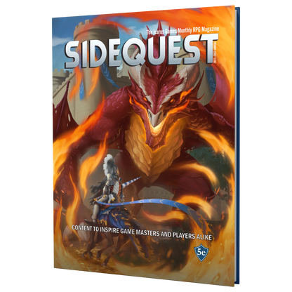 The Cover of the SIDEQUEST year 1 annual which features a silver armored knight on a horse charging a red dragon while surrounded by fire. 