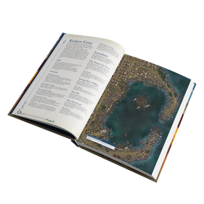 An interior spread of the SIDEQUEST annual showing Kraken Cove, one of the book's fantastic location. On the left page is information of the location and on the right is a map of the location. 