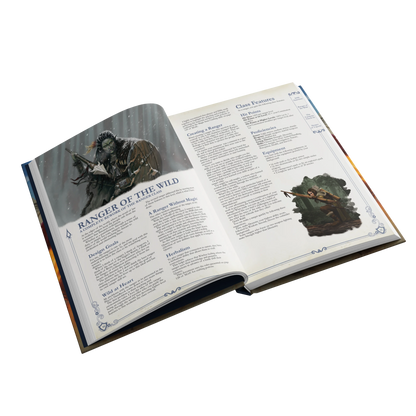 An interior spread of the SIDEQUEST annual showing the Ranger of the Wild class. The left page has a large piece of art showing a green-skinned orc hunter in the snow. 