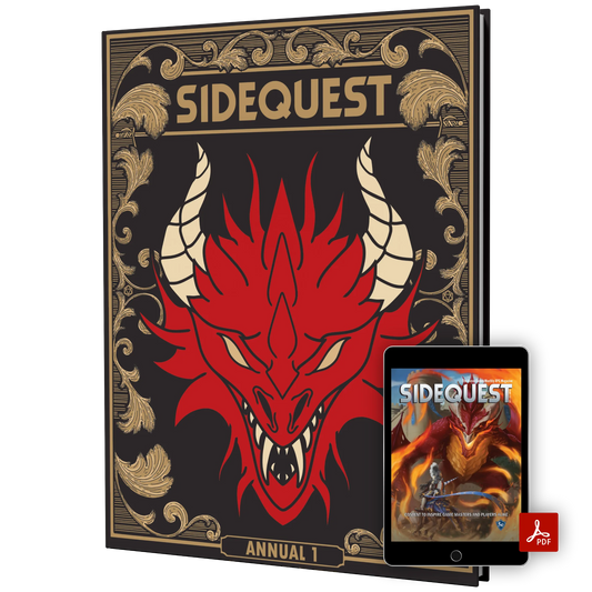 The front cover of the SIDEQUEST Year 1 special edition annual which has a gilded gold border design and an illustration of a red dragon's head in the center. In front there is a computer tablet showing a digital version of the book with the PDF logo on it. 