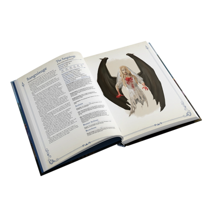 An interior spread of the SIDEQUEST annual showing the Sanguisuge monster, a vampiric woman with no lower half and large black bat wings. 