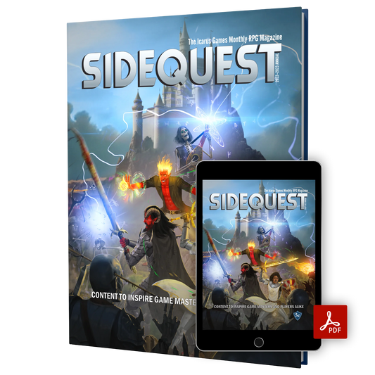 The front cover of the SIDEQUEST Year 2 annual which depicts 4 adventurers fighting a horde of undead in front of a castle in the background. In front there is a computer tablet showing a digital version of the book with the PDF logo on it. 