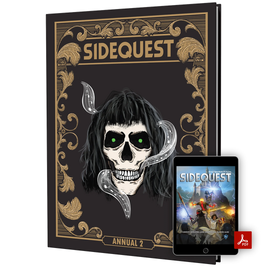 The front cover of the SIDEQUEST Year 2 special edition annual which has a gilded gold border design and an illustration of a skull with long black hair and glowing green eyes surrounded by magical music in the center. In front there is a computer tablet showing a digital version of the book with the PDF logo on it. 