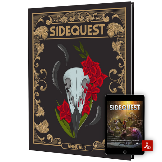 The front cover of the SIDEQUEST Year 3 special edition annual which has a gilded gold border design and an illustration of a raven's skull surrounded by red flowers in the center. In front there is a computer tablet showing a digital version of the book with the PDF logo on it. 