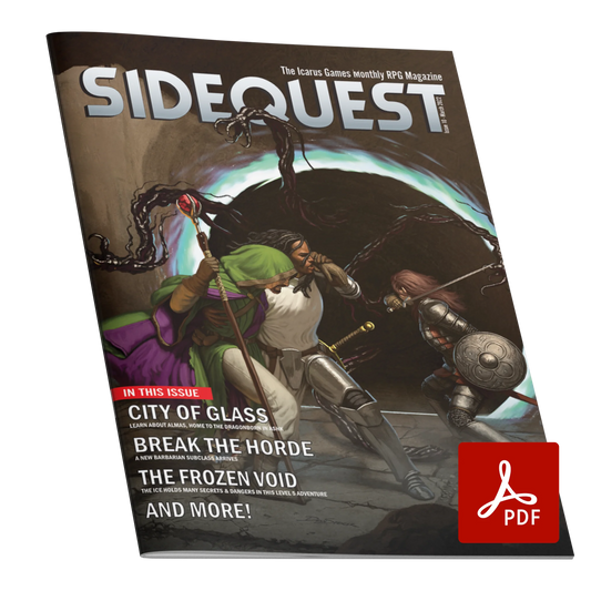 A mockup of the cover of SIDEQUEST Issue 10. The cover art depicts A group of adventurers who escape through a portal into a castle room and are followed by inky black tendrils which try and grab onto them as one of the adventurers cuts at them.  Text overlaid on the image describes the contents of the issue. 