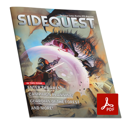 A mockup of the cover of SIDEQUEST Issue 12. The cover art depicts A red-skinned tiefling warrior who fights against a wyvern. The warrior has cast a spell which has projected a magenta bubble around them to protect them and the wyvern is trying to bite through it.  Text overlaid on the image describes the contents of the issue. 