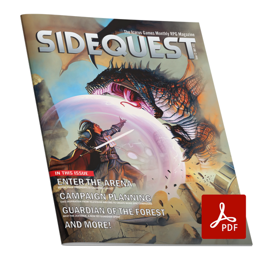 A mockup of the cover of SIDEQUEST Issue 12. The cover art depicts A red-skinned tiefling warrior who fights against a wyvern. The warrior has cast a spell which has projected a magenta bubble around them to protect them and the wyvern is trying to bite through it.  Text overlaid on the image describes the contents of the issue. 