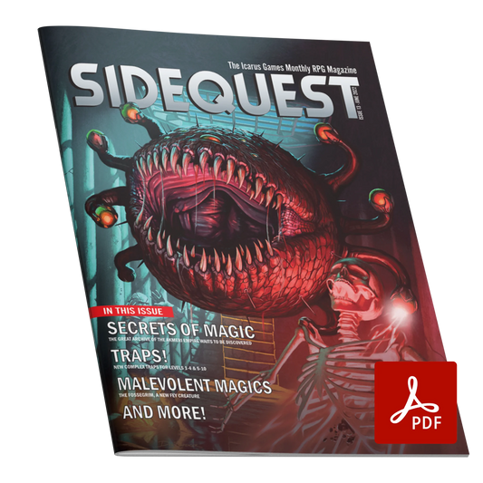 A mockup of the cover of SIDEQUEST Issue 13. The cover art depicts A floating monster with a large mouth, one central eye, and many eye stalks that shoots a magic beam at a victim, turning them into a skeleton.  Text overlaid on the image describes the contents of the issue. 