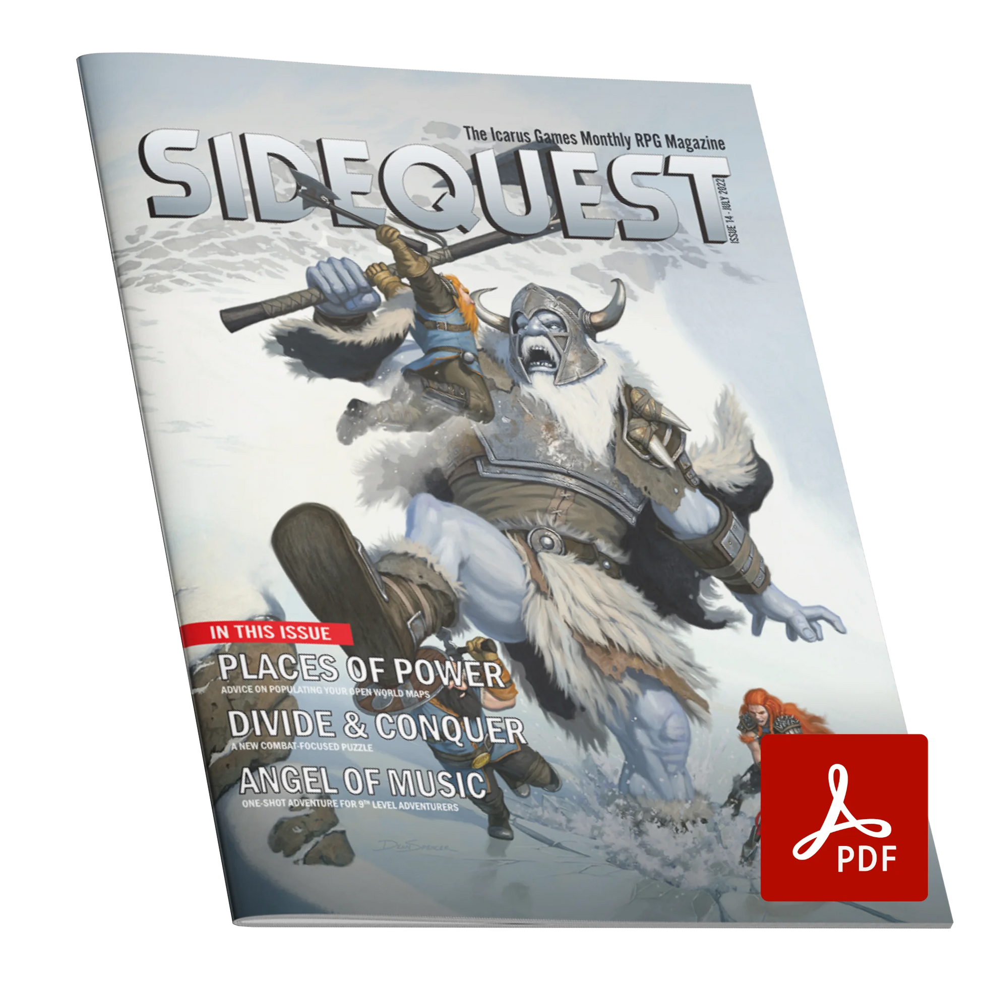 A mockup of the cover of SIDEQUEST Issue 14. The cover art depicts A group of adventurers fighting against a blue-skinned frost giant on a snowy mountainside. The giant is wearing fur and metal armor and swinging a large axe. A red-headed female adventurer cuts at the giant's feet. A bald male dwarf with a black beard holds his shield above his head to stop the giant standing on him. A red-headed dwarf man with a long beard jumps through the air swinging his own axe at the giant. 