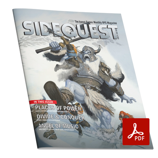 A mockup of the cover of SIDEQUEST Issue 14. The cover art depicts A group of adventurers fighting against a blue-skinned frost giant on a snowy mountainside. The giant is wearing fur and metal armor and swinging a large axe. A red-headed female adventurer cuts at the giant's feet. A bald male dwarf with a black beard holds his shield above his head to stop the giant standing on him. A red-headed dwarf man with a long beard jumps through the air swinging his own axe at the giant. 