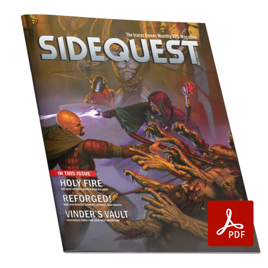 A mockup of the cover of SIDEQUEST Issue 18. The cover art depicts A group of adventurers that does battle against a horde of undead and fiends within the corridors of a castle.  Text overlaid on the image describes the contents of the issue. 