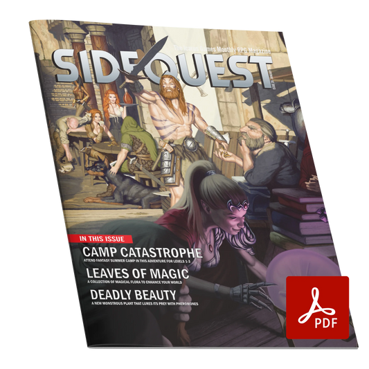 A mockup of the cover of SIDEQUEST Issue 20. The cover art depicts A fantasy market bazaar filled with stalls and shoppers. In the foreground a female half elf gazes into a purple crystal ball which shows a dragon and in the background a shirtless, tattooed human man with long ginger hair lifts up a sword to inspect it while speaking to an older dwarven shopkeeper.  Text overlaid on the image describes the contents of the issue. 
