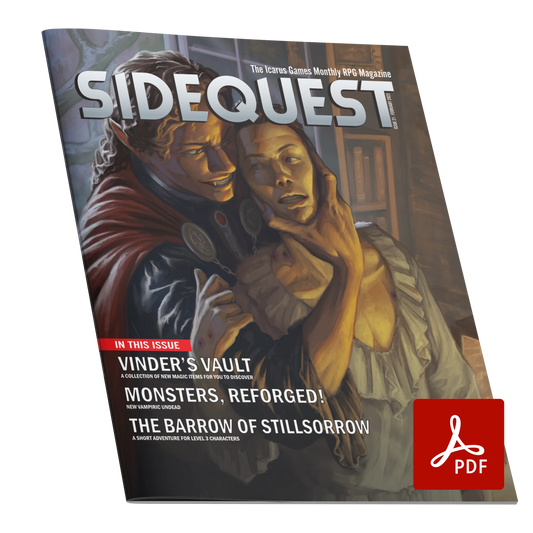 A mockup of the cover of SIDEQUEST Issue 21. The cover art depicts A vampire with long brown hair wearing a red cape with gold medallions grabs a man wearing a white nightshirt from behind by the neck. The man has bite marks on his hands and neck.  Text overlaid on the image describes the contents of the issue. 