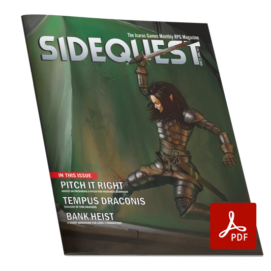 A mockup of the cover of SIDEQUEST Issue 23. The cover art depicts An elf adventurer with black hair has their leg caught in a gelatinous cube. They are attempting to free  themselves with their sword by cutting at their leg.  Text overlaid on the image describes the contents of the issue. 