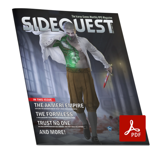 A mockup of the cover of SIDEQUEST Issue 26. The cover art depicts The corpseweaver walking away from their latest victim, pulling on the victims clothes so that they can impersonate them. The corpseweaver's body is partially translucent green, showing broken and absorbed bones within.  Text overlaid on the image describes the contents of the issue. 