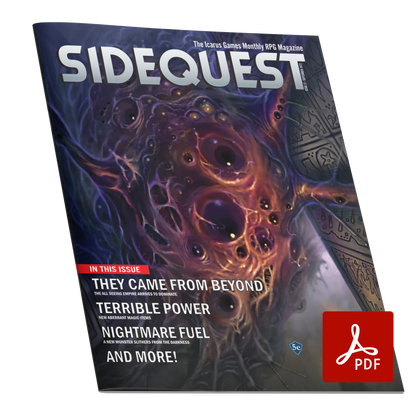 A mockup of the cover of SIDEQUEST Issue 27. The cover art depicts An adventurer who stands holding a torch looking at an enormous mass of eyes which looms over them, staring back. Text overlaid on the image describes the contents of the issue. 