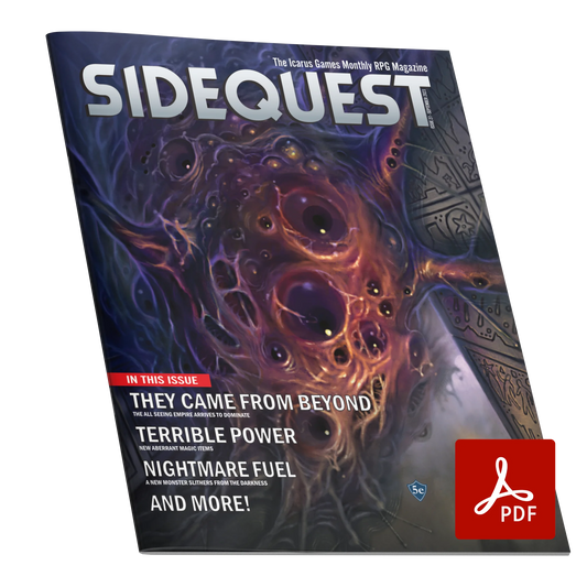 A mockup of the cover of SIDEQUEST Issue 27. The cover art depicts An adventurer who stands holding a torch looking at an enormous mass of eyes which looms over them, staring back. Text overlaid on the image describes the contents of the issue. 