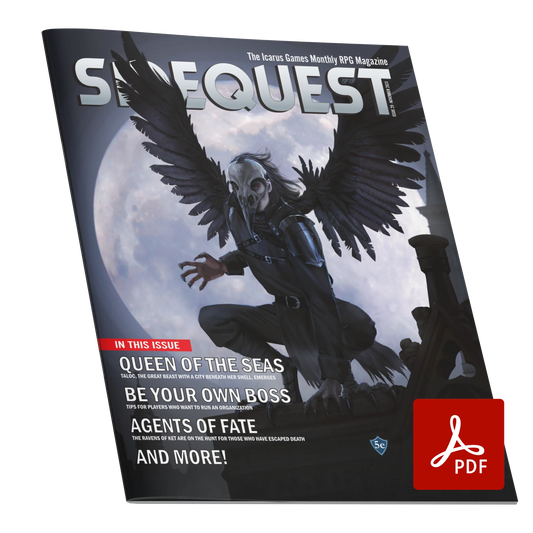 A mockup of the cover of SIDEQUEST Issue 29. The cover art depicts A raven of ket sits on top of a rooftop, their back against the full moon. The raven wears simple black clothing and has large black raven wings. On their face they wear a bird-like skull. Their hands and feet appear to be taloned like a bird.  Text overlaid on the image describes the contents of the issue. 