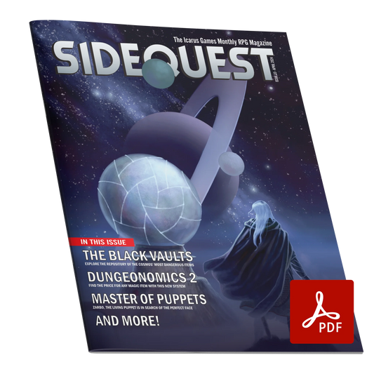 A mockup of the cover of SIDEQUEST Issue 33. The cover art depicts A white haired elf stands on an alien world overlooking an observatory which looks out on the stars.  Text overlaid on the image describes the contents of the issue. 