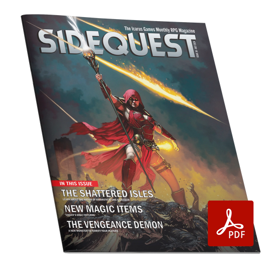 A mockup of the cover of SIDEQUEST Issue 36. The cover art depicts A red mage stands on top of a pile of melted bodies as she uses her magical staff to conjure a firestorm of meteors from the sky.  Text overlaid on the image describes the contents of the issue. 