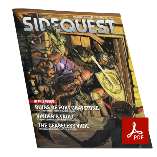 A mockup of the cover of SIDEQUEST Issue 37. The cover art depicts A human warrior with dark skin who wears leather and plate armor, a helmet, and carries a sword and shield that is fighting against a group of goblins. The goblins are trying to restrain his arms and legs and push him over, and he is falling backwards, breaking the door of a stone building. In the foreground, a goblin with an axe and a shield screams towards the viewer. Text overlaid on the image describes the contents of the issue. 