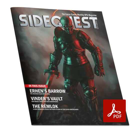 A mockup of the cover of SIDEQUEST Issue 38. The cover art depicts A skeletal warrior with glowing orange eyes wearing plate armor and carrying a sword walking over a field of bones. They are lit by red light which comes from off screen.  Text overlaid on the image describes the contents of the issue. 