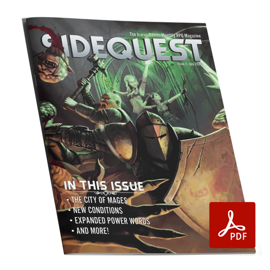 A mockup of the cover of SIDEQUEST Issue 3. The cover art depicts A group of adventurers doing battle against a horde of orcs in front of the door of a dungeon.  Text overlaid on the image describes the contents of the issue. 