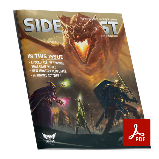 A mockup of the cover of SIDEQUEST Issue 4. The cover art depicts A trio of adventurers who stand in the foreground among burning trees as they face off against a red dragon as it looms over them.  Text overlaid on the image describes the contents of the issue. 